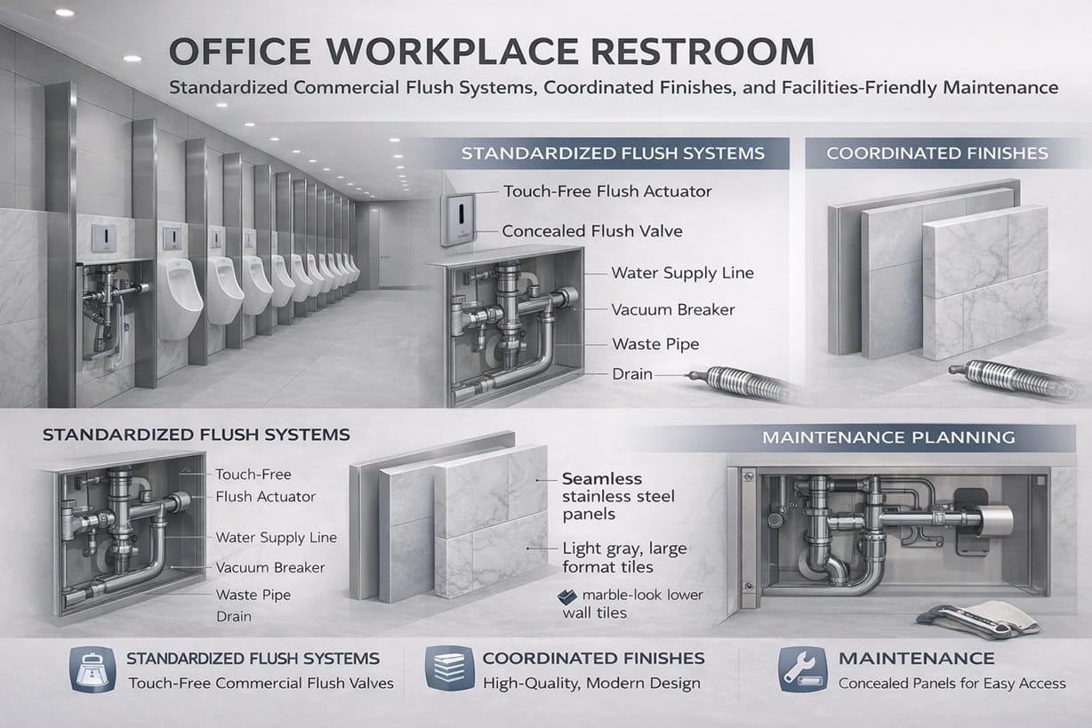 Office workplace restroom with standardized commercial flush systems, coordinated finishes, and facilities-friendly maintenance planning